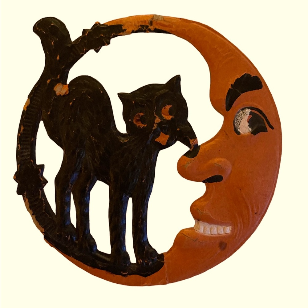 Vintage GERMAN HALLOWEEN Antique BLACK CAT & MOON DieCut Decoration